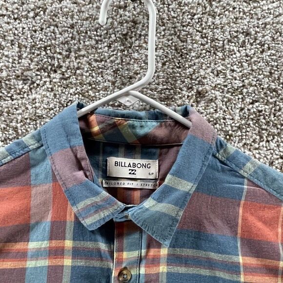 Billabong Tailored Fit Button Up Shirt Mens Small S Plaid Shirt Sleeve Stretch - Picture 2 of 12